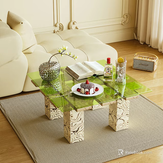 Green Glass Top Coffee Table With Carved Legs Open Book Vase Cake In Living Room 3d model 