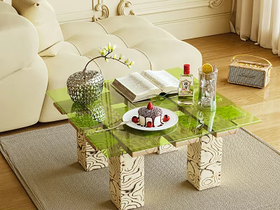 Green Glass Top Coffee Table With Carved Legs Open Book Vase Cake In Living Room 3d model