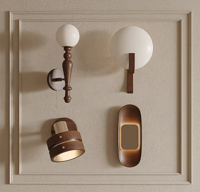 Modern Wall Lamps For Home Interior With Various Designs Round Shades And Wooden Bases 3d model