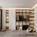 Modern Walk-in Closet Interior Design With Glass Door Cabinets Storage Shelves And Recessed Lighting
