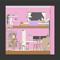 Pink Kids Bedroom Interior With Loft Bed Desk Chair Dresser Plants And String Lights