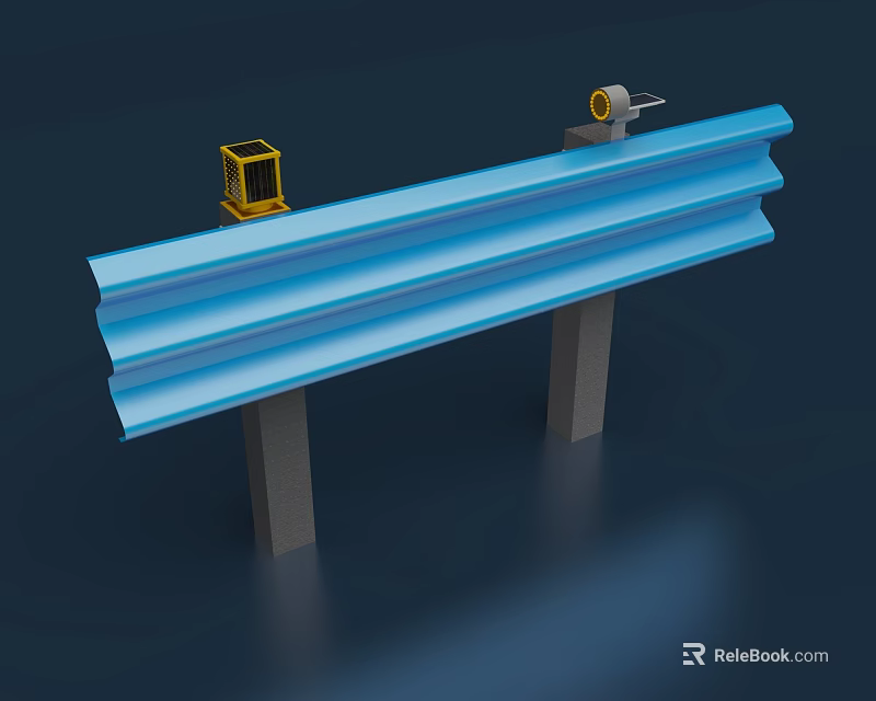 Blue Corrugated Guardrail Structure With Gray Support Posts And Yellow Devices 3d model 