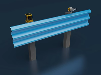Blue Corrugated Guardrail Structure With Gray Support Posts And Yellow Devices 3d model