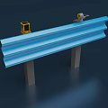 Blue Corrugated Guardrail Structure With Gray Support Posts And Yellow Devices