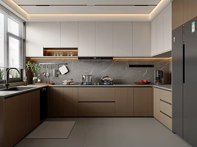 Modern Kitchen Interior With Wooden Cabinets Marble Countertop And Stainless Steel Appliances 3d model