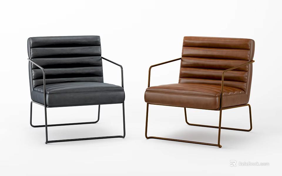 Modern Black and Brown Leather Accent Chairs With Metal Frame Armrests 3d model 