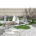 Tranquil Japanese Courtyard Garden With Stone Lantern Curved Wooden Bridge Pink Flowering Tree Rocks White Gravel