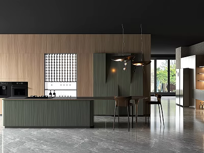 Modern Restaurant Interior Design With Open Kitchen Island Counter And Pendant Lights 3d model