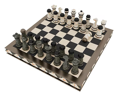 Classic Chess Set With Marble Board And Wooden Pieces For Entertainment 3d model