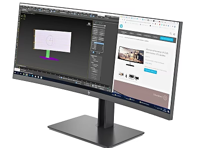 Dual Screen Computer Monitor Displaying Design Software And Webpage Interface For Professional Work 3d model