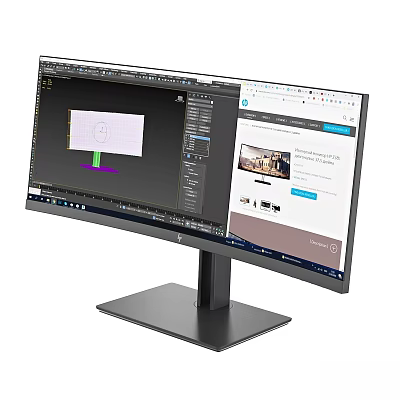 Dual Screen Computer Monitor Displaying Design Software And Webpage Interface For Professional Work 3d model