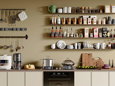 Well Organized Kitchen With Wall Mounted Rack Shelves Spices Pots Pans And Cooking Utensils 3d model