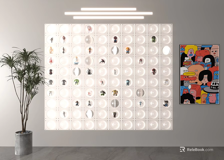 Modern Decorative Background Wall With Circular Patterns Small Characters Potted Plant And Artwork 3d model 
