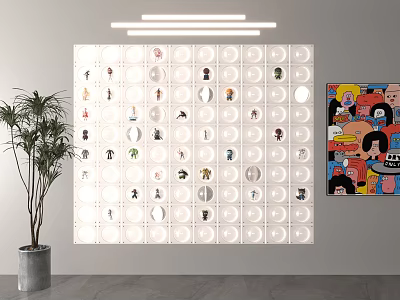 Modern Decorative Background Wall With Circular Patterns Small Characters Potted Plant And Artwork 3d model