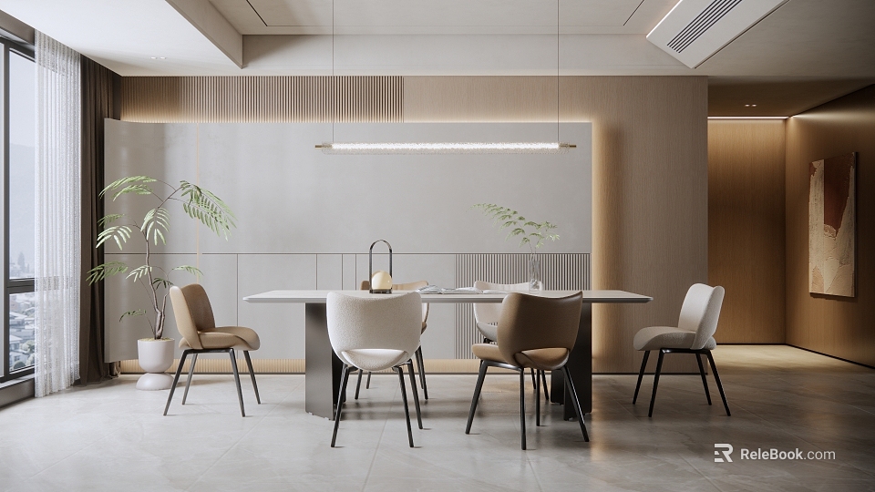 Elegant Modern Restaurant Interior With Round Dining Table Comfortable Chairs Hanging Lights And Indoor Plants 3d model 