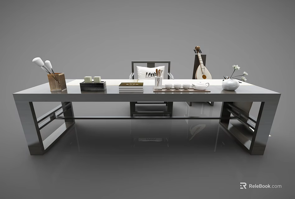 Sleek Modern Desk With Metal Frame Glass Top Books Guitar And Stationery 3d model 