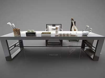 Sleek Modern Desk With Metal Frame Glass Top Books Guitar And Stationery 3d model