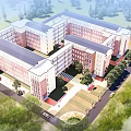 Aerial View Of School Building Complex With Red Brick And White Exterior And Surrounding Greenery
