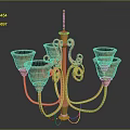 Vintage Copper Chandelier With Curved Design And Five Orange Glass Shades