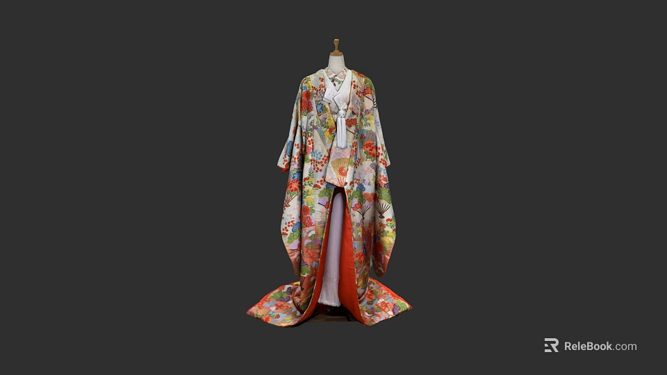 Traditional Japanese Kimono With Colorful Floral Patterns And Flowing Hem Design 3d model 