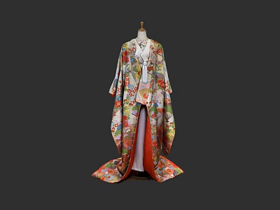 Traditional Japanese Kimono With Colorful Floral Patterns And Flowing Hem Design 3d model