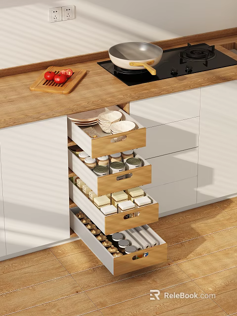 White Kitchen Cabinets With Open Drawers Organized Storage For Dishes And Spices 3d model 
