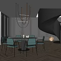 Modern Restaurant Interior With Round Dining Table Green Chairs And Black Spiral Staircase
