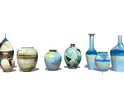 Colorful Decorative Ornament Set Featuring Various Shaped Vases With Blue White Yellow Patterns 3d model