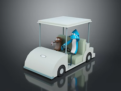 White Golf Cart With Canopy Carrying Cartoon Bear And Penguin Characters 3d model