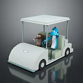 White Golf Cart With Canopy Carrying Cartoon Bear And Penguin Characters