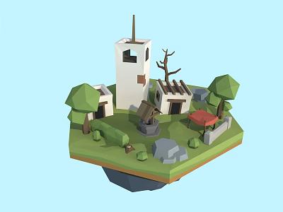 Cartoon Floating Island Scene With Tower Small Houses Trees And Stones 3d model