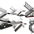 Various Staircase Designs With Glass Railings Metal Frames And Marble Steps For Interior 3d model