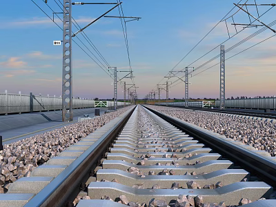 Modern Track Railway Track Electric Pole Ballast 3d model