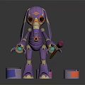 Purple Mechanical Rabbit Like Robot Character Painting With Colorful Paint Buckets On Reflective Floor