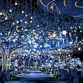Luxurious Blue Runway With Curved Designs Gold Lines White Lights and Flower Decorations