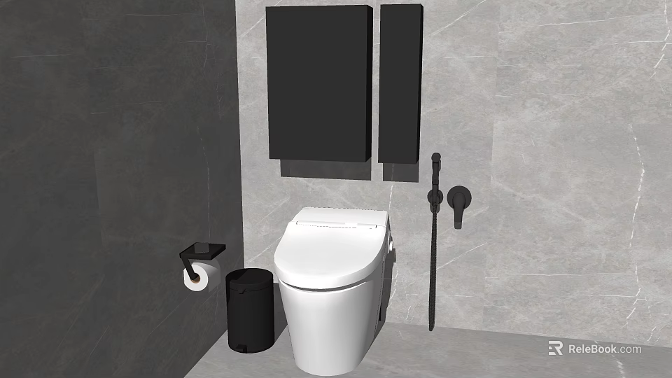 Modern Bathroom Toilet With White Design Black Storage Cabinets Trash Bin And Toilet Paper Holder 3d model 