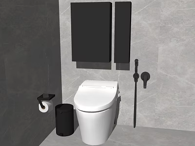 Modern Bathroom Toilet With White Design Black Storage Cabinets Trash Bin And Toilet Paper Holder 3d model