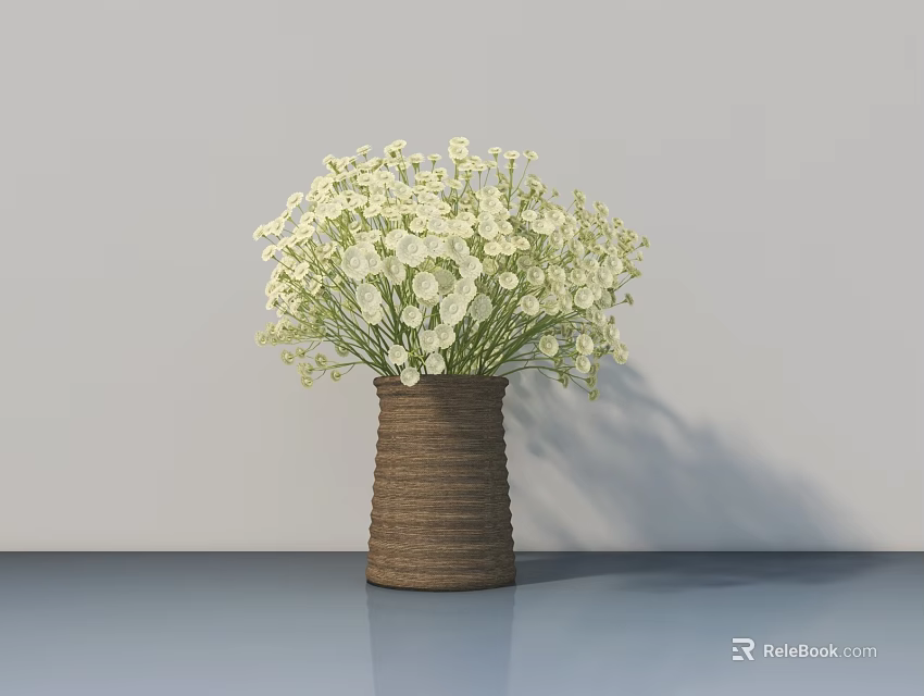 Brown Woven Vase With White Small Flowers On Light Blue Tabletop And Light Gray Wall 3d model 