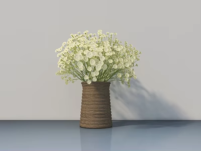 Brown Woven Vase With White Small Flowers On Light Blue Tabletop And Light Gray Wall 3d model