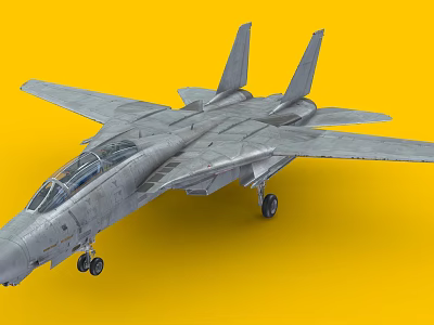 Detailed Gray Fighter Jet Model With Twin Tails Cockpit And Landing Gear On Yellow Background 3d model
