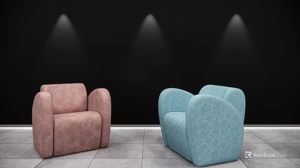 Modern Stylish Single Sofa In Pink And Blue Velvet Upholstered With Curved Armrests 3d model 