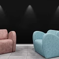 Modern Stylish Single Sofa In Pink And Blue Velvet Upholstered With Curved Armrests