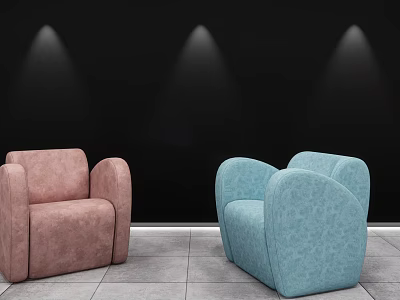 Modern Stylish Single Sofa In Pink And Blue Velvet Upholstered With Curved Armrests 3d model
