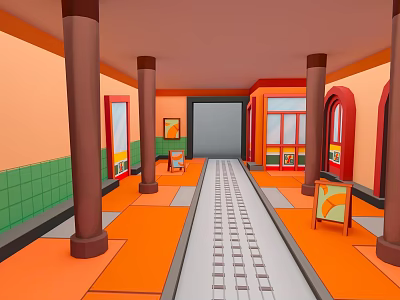 Colorful Indoor Subway Station Platform With Orange Floor Brown Pillars And Green Tiled Walls 3d model