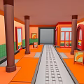Colorful Indoor Subway Station Platform With Orange Floor Brown Pillars And Green Tiled Walls