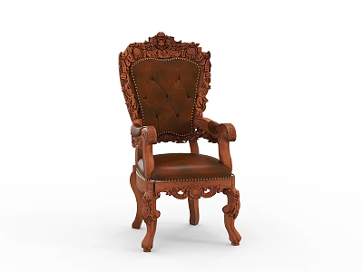 Classic Carved Wooden Armchair With Brown Leather Tufted Backrest And Ornate Carved Armrests And Legs 3d model