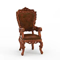 Classic Carved Wooden Armchair With Brown Leather Tufted Backrest And Ornate Carved Armrests And Legs