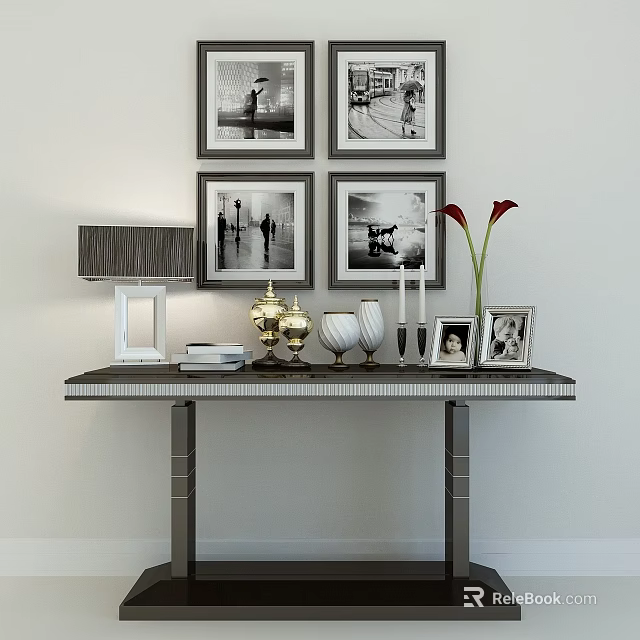Elegant Console Table With Framed Black White Photos Table Lamp Vase And Candlesticks 3d model