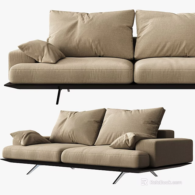 Modern Two-Seater Sofa With Beige Fabric Cushions And Sleek Black Metal Legs 3d model 