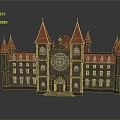 Castle Style Building with Red Spires Circular Clock and Stone Exterior